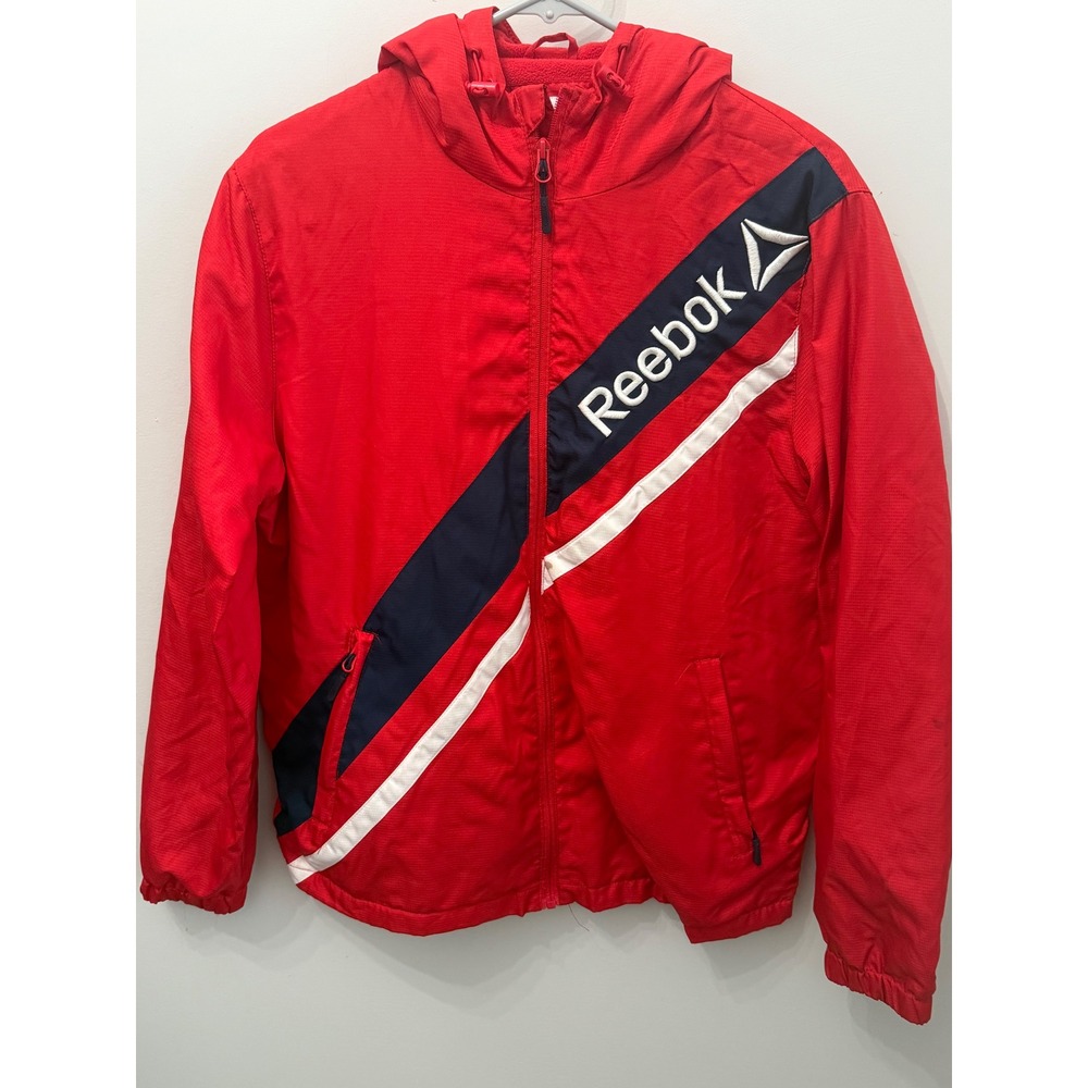 Reebok Retro Men's Full Zip Windbreaker Jacket Red Navy White Diagonal Stripe S